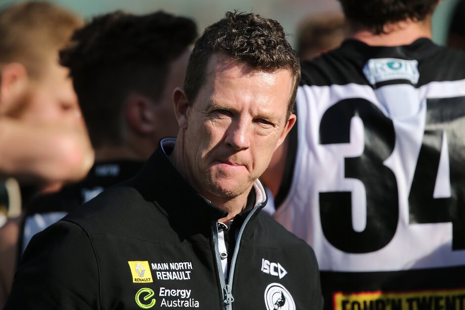 SANFL 2015 Qulaifying Final - Port Adelaide Magpies v West Adelaide Bloods ADELAIDE, AUSTRALIA - SEPTEMBER 6: Garry Hocking of the Magpies talks to his players during the 2015 SANFL Qualifying Final match between the Port Adelaide Magpies and the West Adelaide Bloods at Adelaide Oval, Adelaide on September 6, 2015. (Photo by James Elsby/AFL Media)